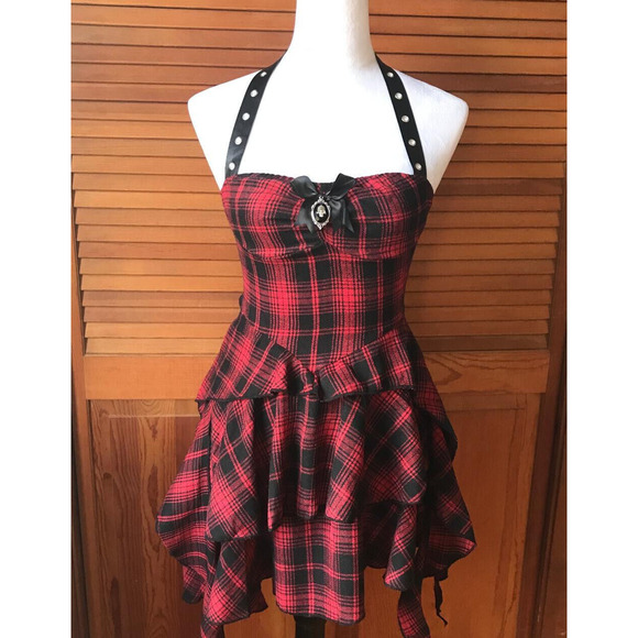 Punk Goth Red Plaid Tartan Pixie Hem Shoulder Strap Dress M - Picture 1 of 7